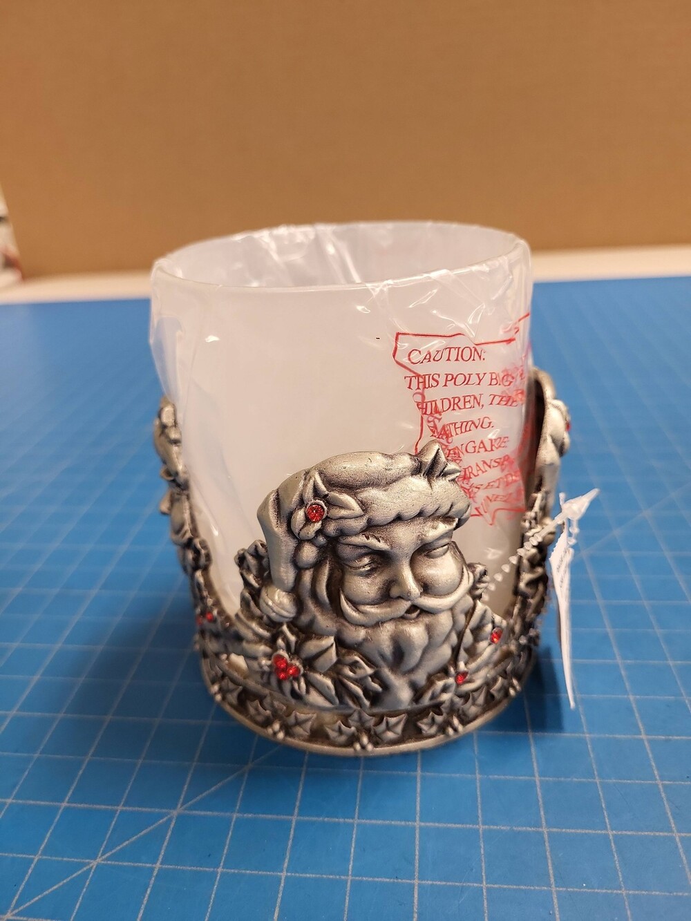 Pewter Candle Holder 1993 BSK Collectible Santa Faces Holly Berries Accent Decor